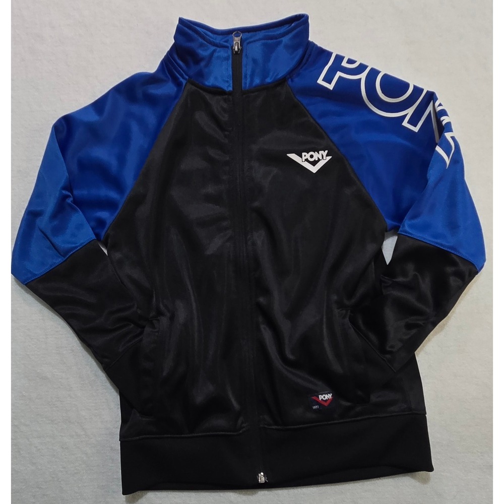 Pony Kids Track Jacket Black Blue Snap Button‎ Full Zip Retro